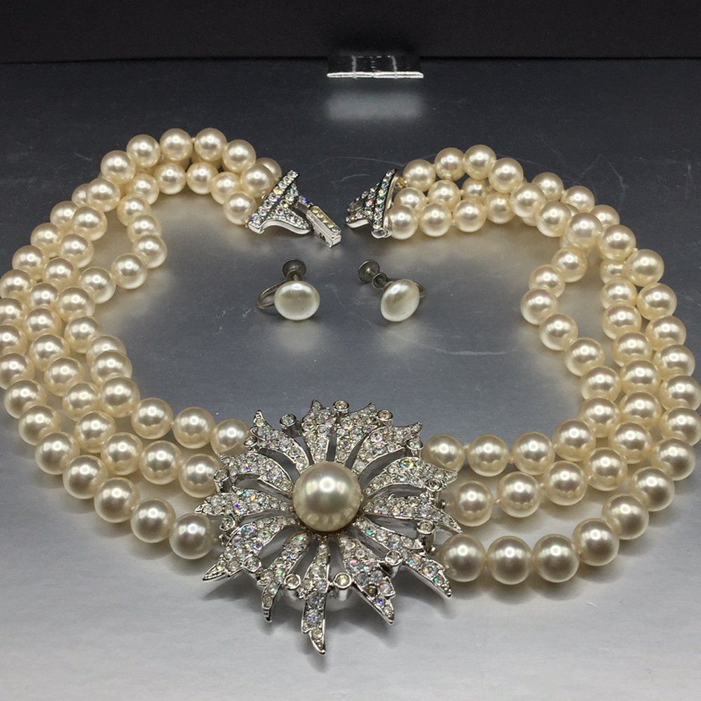 Vintage MCJ rhinestone pearl necklace, sterling ER - Picture 3 of 9
